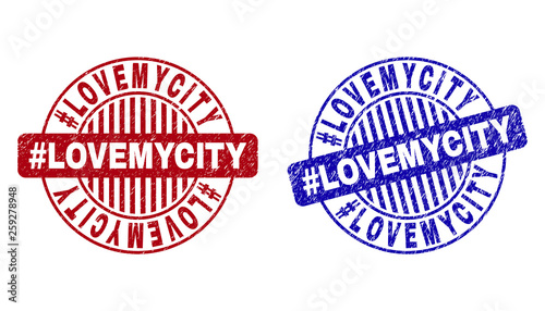 Grunge Hashtag LOVEMYCITY round stamp seals isolated on a white background. Round seals with grunge texture in red and blue colors. Vector rubber imprint of Hashtag LOVEMYCITY tag inside circle form