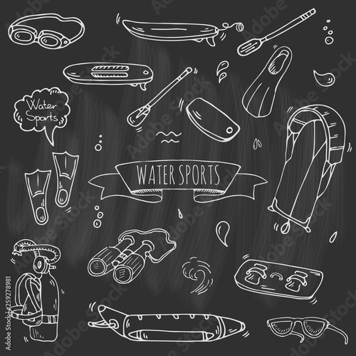 Hand drawn doodle Water sports icons set. Vector illustration, isolated symbols collection, Cartoon various elements: jetski, wakeboard, waterski, surfing, kayak, kitesurfing, paddle, parasailing