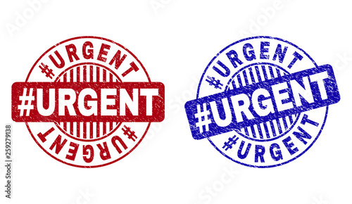 Grunge Hashtag URGENT round stamp seals isolated on a white background. Round seals with grunge texture in red and blue colors. Vector rubber imprint of Hashtag URGENT caption inside circle form with