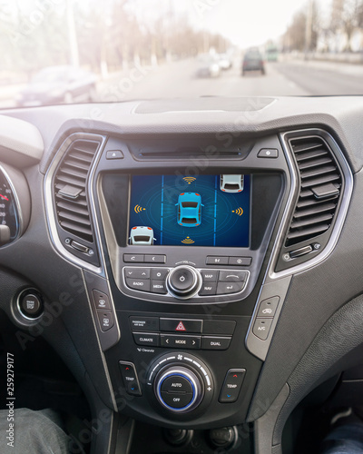 Self driving car on a road. Autonomous vehicle. Inside view. © Kanstantsin
