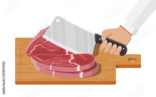 Cutting board, butcher cleaver and piace of meat.