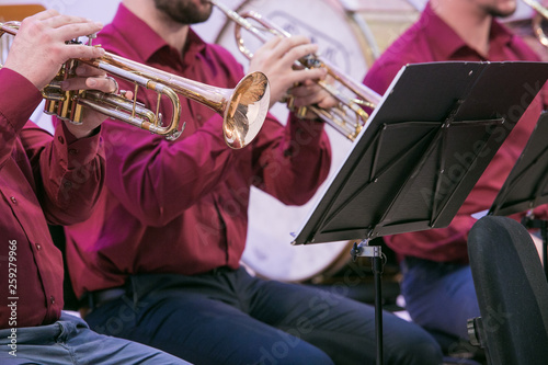 Attempt orchestra in culture house. Blowing instruments and peoples. Travel photo 2019.