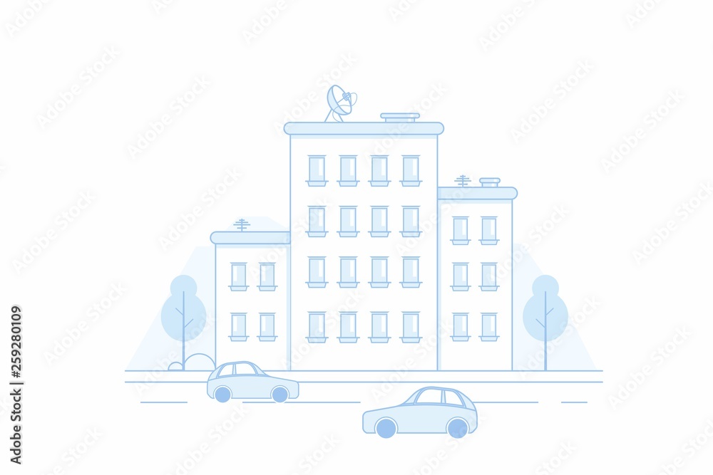 Town city street panoramic cityscape. Panorama of the city with cars, trees and houses on a mountain background. Background in flat style