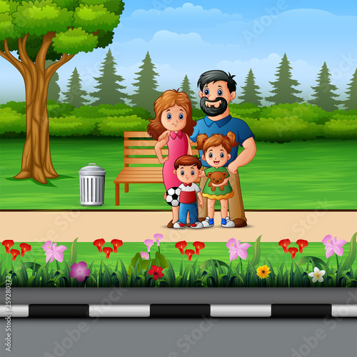 Funny cartoon family in the beautiful park