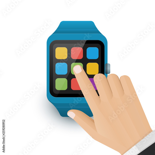 Human hand tap the application icon on smart watch screen. Vector illustration of smartwatch icon on white background