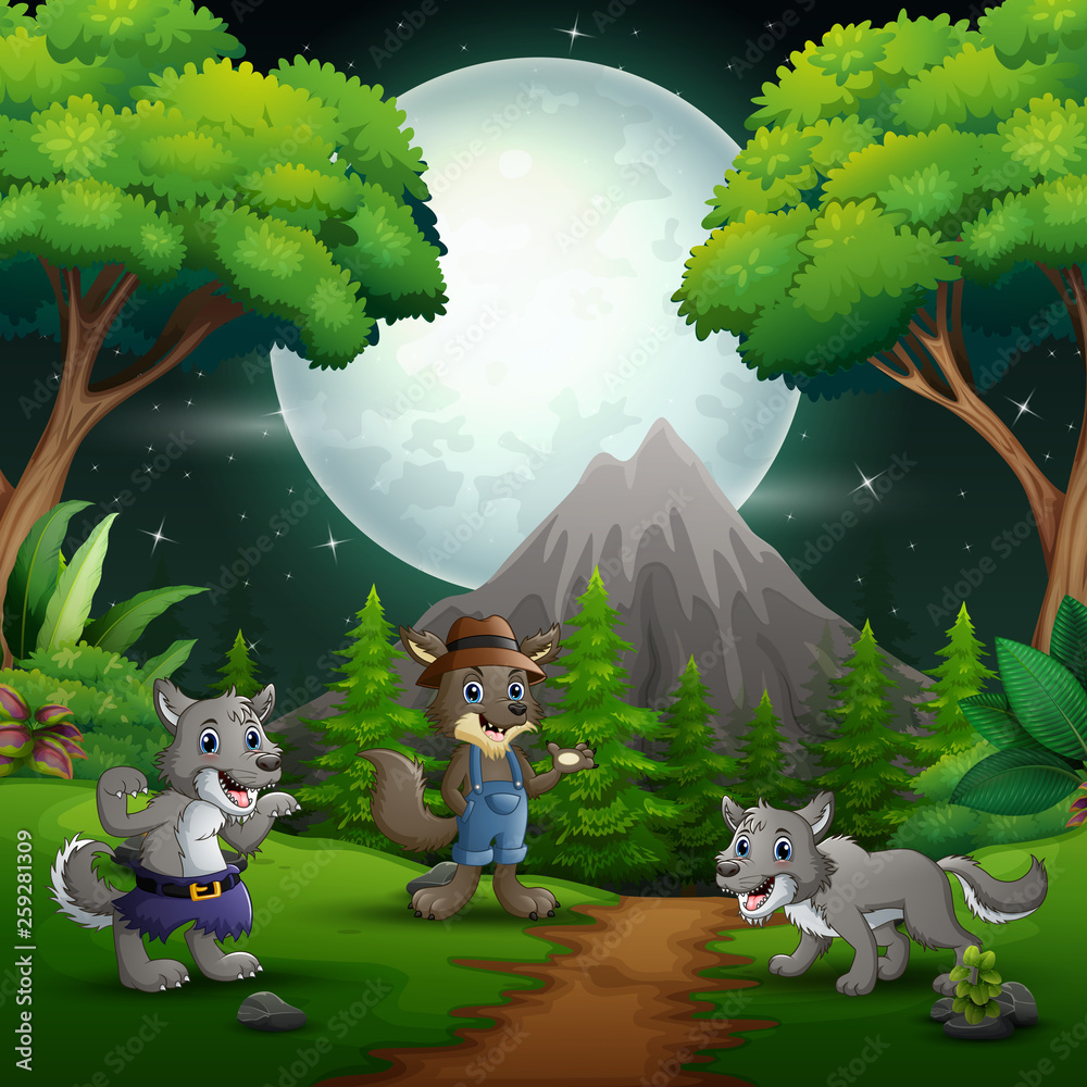 Night landscape in forest with three wolf