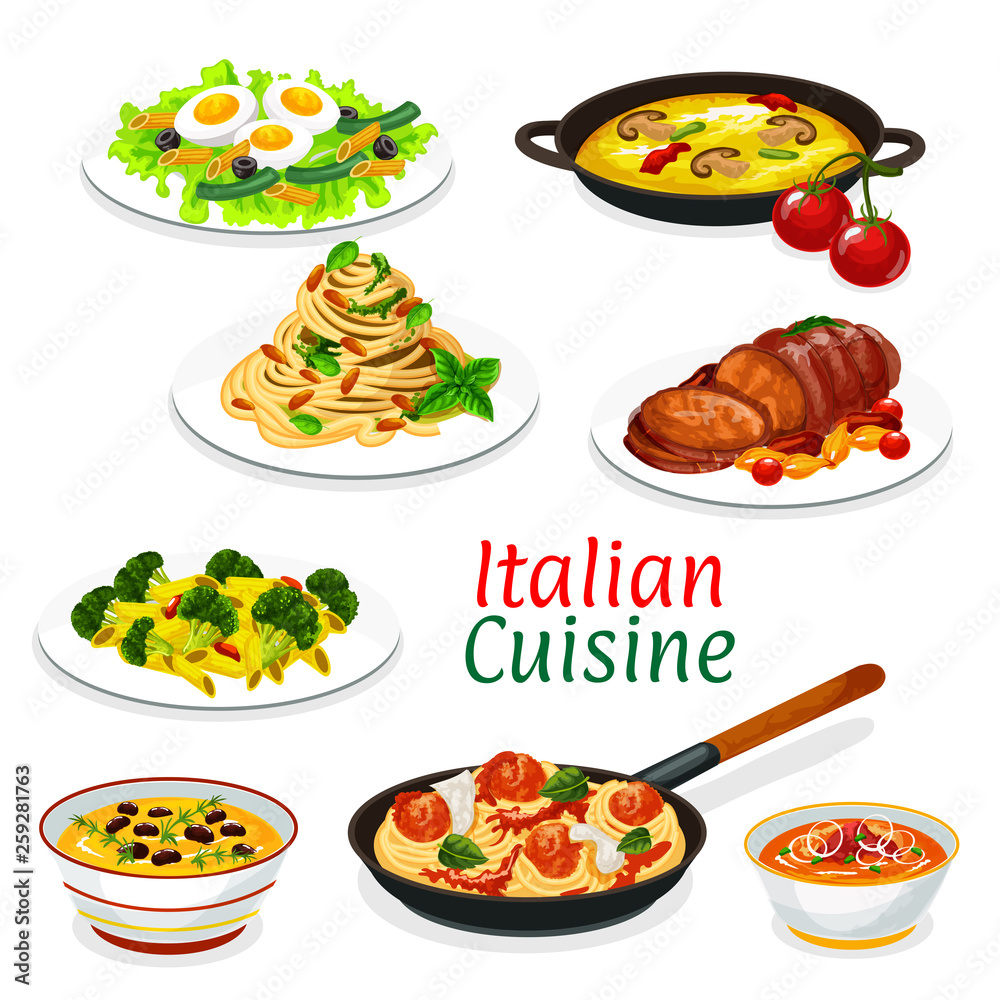 Italian pasta with sauces, meat and fish dishes Italian pasta with sauces, meat and fish dishes