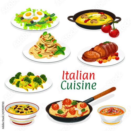 Italian pasta with sauces, meat and fish dishes