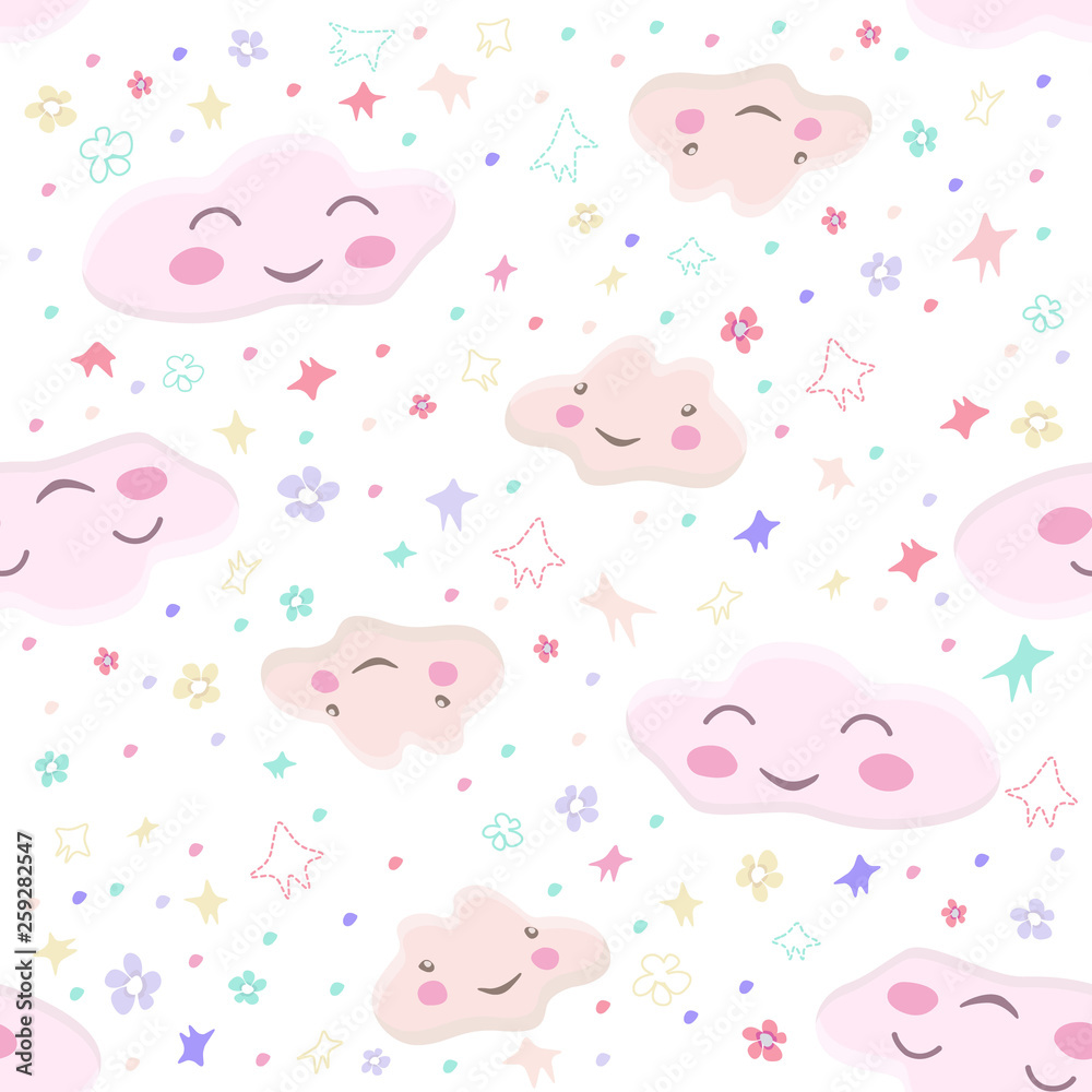 pattern with cute cloud characters, heart pierced by an arrow, stars and flowers pattern with cute cloud characters, heart pierced by an arrow, stars and flowers