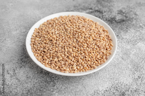 Pearl barley in a white saucer on a gray concrete background