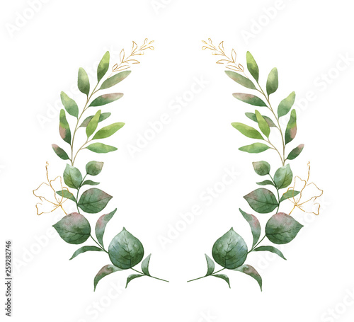 Watercolor vector wreath with green eucalyptus leaves and flowers .