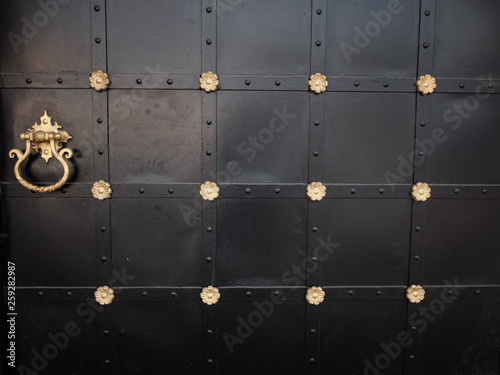 Black forged gates with golden decorative elements, rivets and handles