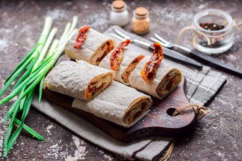  Lavash roll with dried tomatoes.