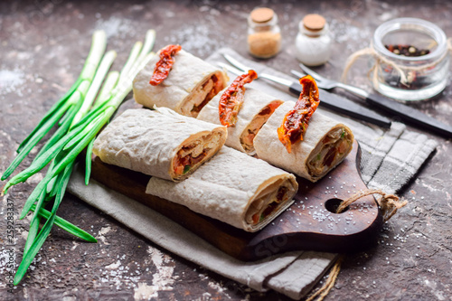  Lavash roll with dried tomatoes.