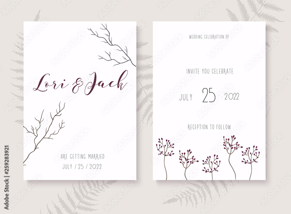 Wedding invitation cards with leafs. Save the date.  Vector illustration.