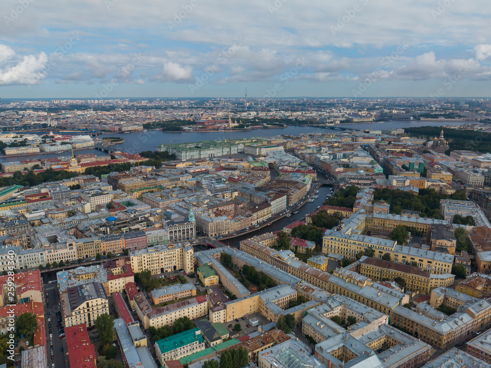 Fototapeta premium Panoramic view of Saint Petersburg, drone photo, summer day. Sennoy District. River Neva and the river Moika