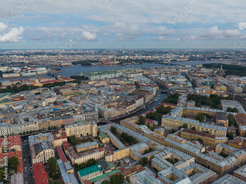 Panoramic view of Saint Petersburg, drone photo, summer day. Sennoy District. River Neva and the river Moika