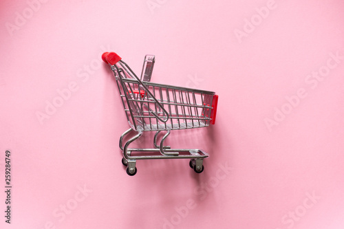Top view and central location. Shopping cart trolley on a pink background.