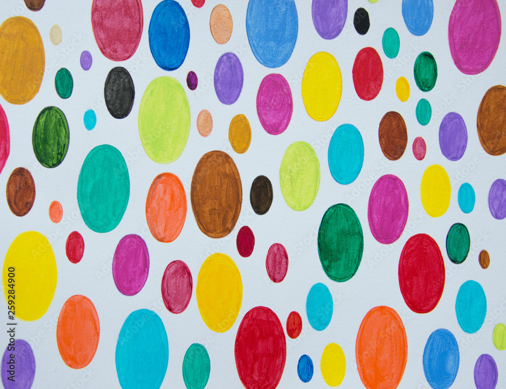 Hand painted dot pattern in various colors on white background