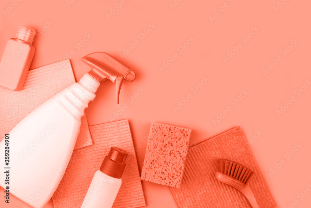 Obraz premium House cleaning products are on coral background.