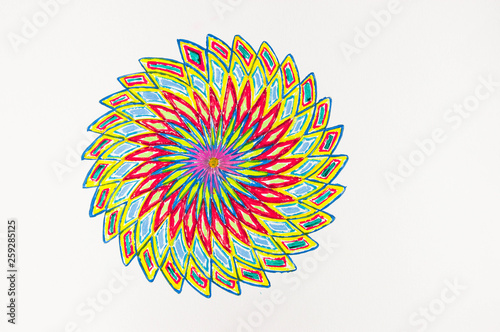 Hand painted geometric spikey spiral circle in red, blue, green and yellow