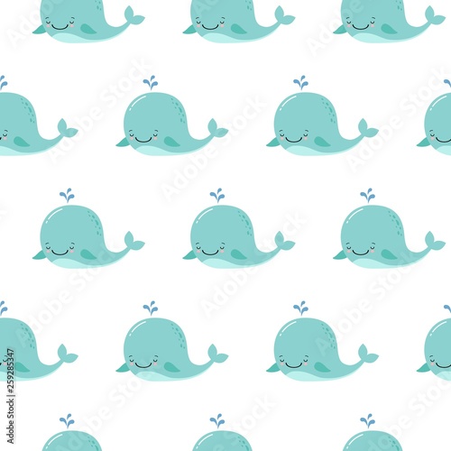 Cute background with cartoon blue whales. Kawaii animal pattern