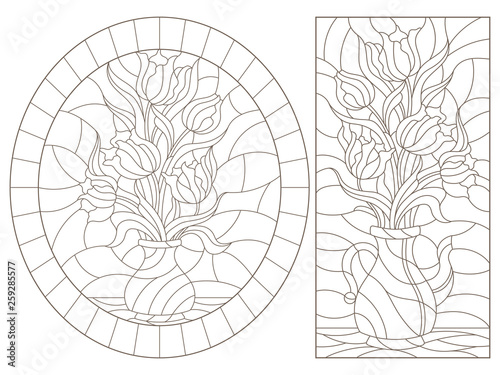 A set of contour illustrations of stained glass still lifes, bouquets of tulips in vases, dark contours on a white background