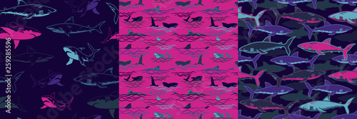 Set of Abstract seamless vector underwater pattern for girls, boys, clothes. Creative background with sharks. Funny wallpaper for textile and fabric. Fashion style. Colorful bright