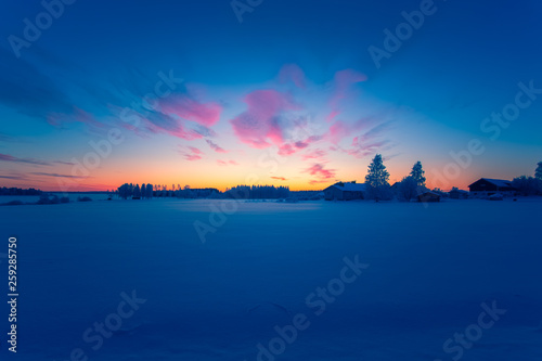 Cold day sunset landscape. Photo from Sotkamo, Finland.