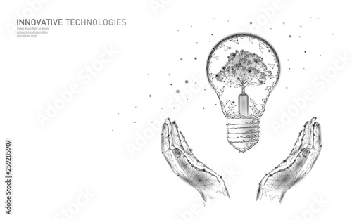 Two hands carrying light Bulb lamp saving energy ecology concept. Polygonal white sprout small plant seedling inside electricity green energy power banner vector illustration