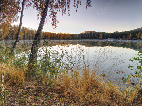Fototapeta Naklejka Na Ścianę i Meble -  Fall evening on the lake. Beautiful forest lake