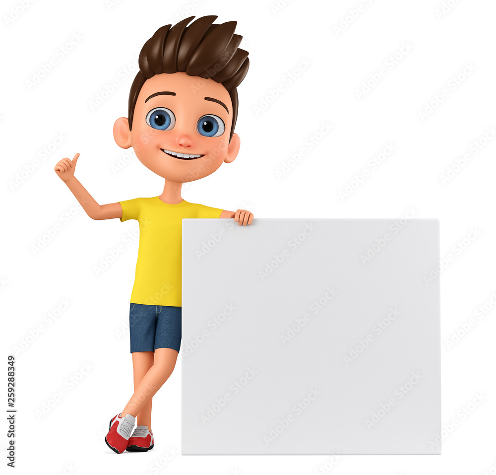 Cartoon character boy shows thumb up leaning against a blank board on a white background. 3d rendering. Illustration for advertising.