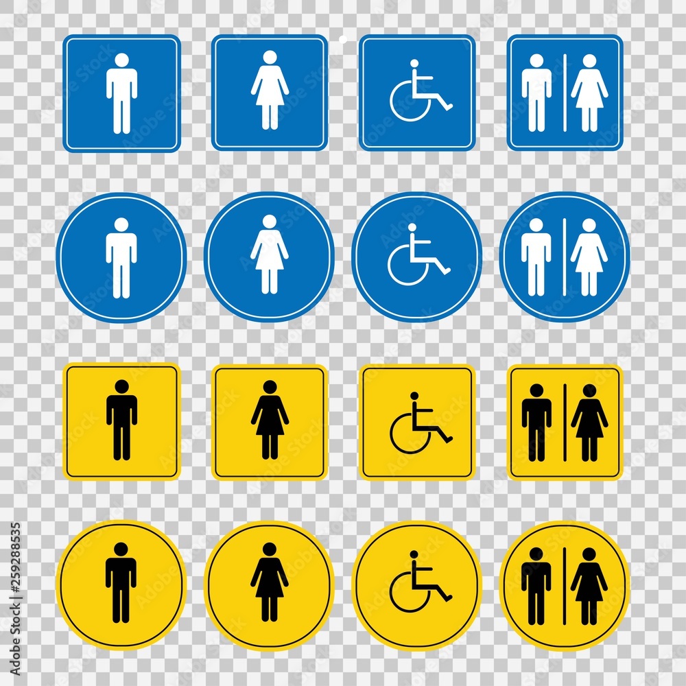 Toilet signs, Man, woman, disabled person. Different signs. Toilet signs, Man, woman, disabled person. Different signs.
