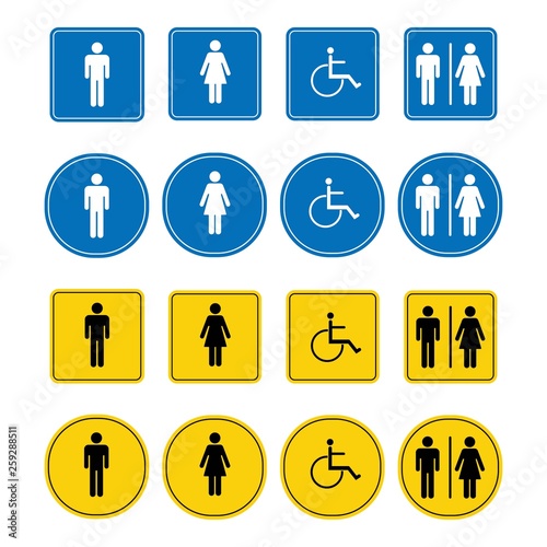 Toilet signs, Man, woman, disabled person. in circles.
