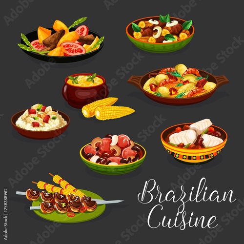 Brazilian meat dishes with vegetables and seafood
