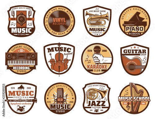 Music icons of microphone and musical instruments