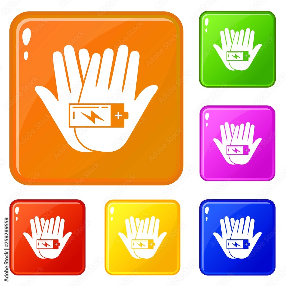 Hand keep battery icons set collection vector 6 color isolated on white background Hand keep battery icons set collection vector 6 color isolated on white background