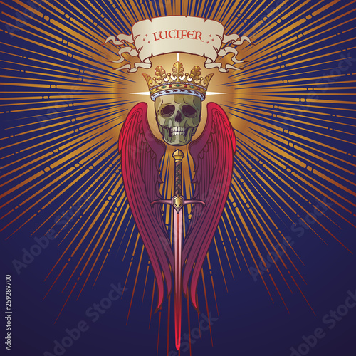 Lucifer the follen angel on a golden triangle with light beams radiating behind. Medieval gothic style concept art. Design element. Brightly colored drawing. EPS10 vector