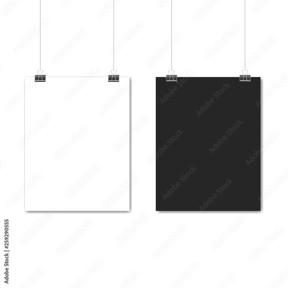 White and black poster hanging. Mock up empty paper blank. Vertical and horizontal template on white background. White and black poster hanging. Mock up empty paper blank. Vertical and horizontal template on white background.