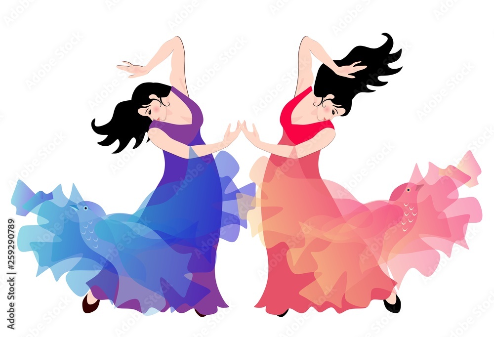 Two spanish girls - flamenco dancers isolated on white background. Two spanish girls - flamenco dancers isolated on white background.
