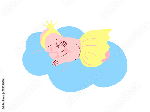 Newborn Baby Girl Dressed as Princess Sleeping on Cloud Vector Illustration