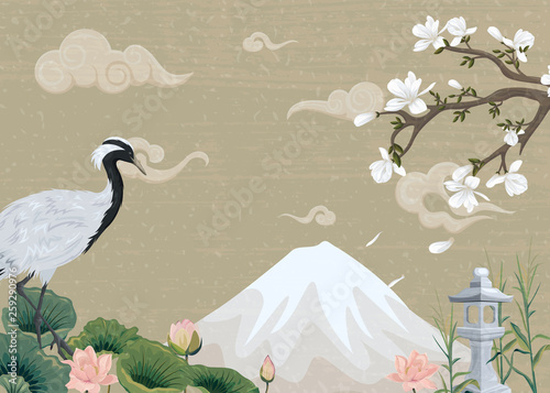 Illustration with Japanese crane, lotus flowers, blooming magnolia and mountain