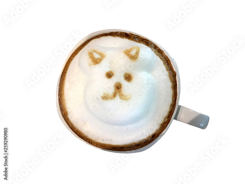 Hot cappuccino coffee in white cup isolated on white background. Art of milk foam drawing to be mini bear.