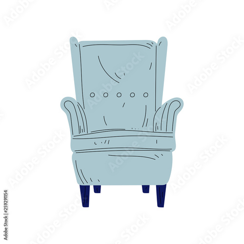 Vintage Armchair on Wooden Legs, Cushioned Furniture with Light Blue Upholstery, Interior Design Element Vector Illustration