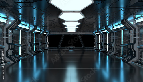 Dark blue spaceship futuristic mockup interior with window view 3d rendering