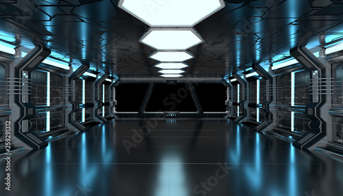 Fototapeta Naklejka Na Ścianę i Meble -  Dark blue spaceship futuristic mockup interior with window view 3d rendering