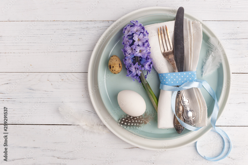 Easter place setting with easter eggs. Top view. Copy space. Easter place setting with easter eggs. Top view. Copy space.