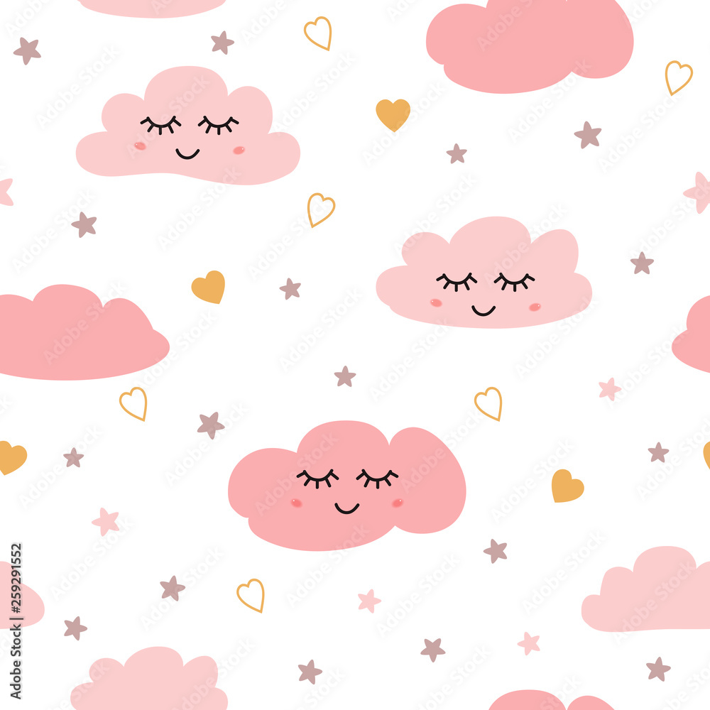 Seamless pattern with smiling sleeping clouds stars Pink baby girl pattern Vector Seamless pattern with smiling sleeping clouds stars Pink baby girl pattern Vector