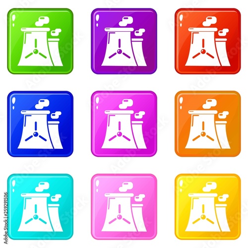 Nuclear power plant tower icons set 9 color collection isolated on white for any design