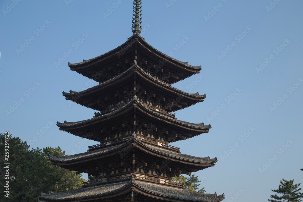 Buddhist Kofuku-ji pagoda in the city of Nara in Japan during the cherry blossoms Buddhist Kofuku-ji pagoda in the city of Nara in Japan during the cherry blossoms